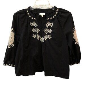 Wonderly Women Large Black Crochet 3/4 Sleeve Boho Peasant Top Shirt Blouse Sz L